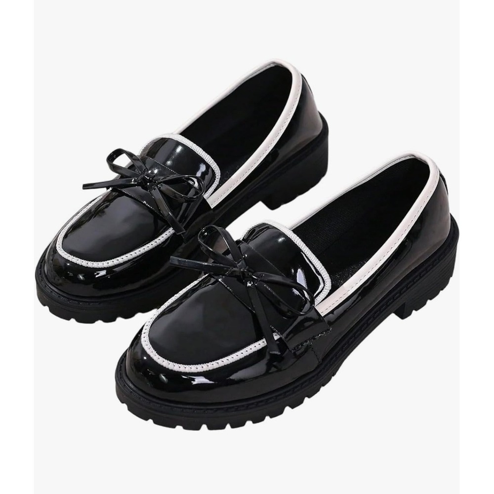 Womens Black White Patent Leather Chunky Lug Sole Bow Loafers Tuxedo Shoes